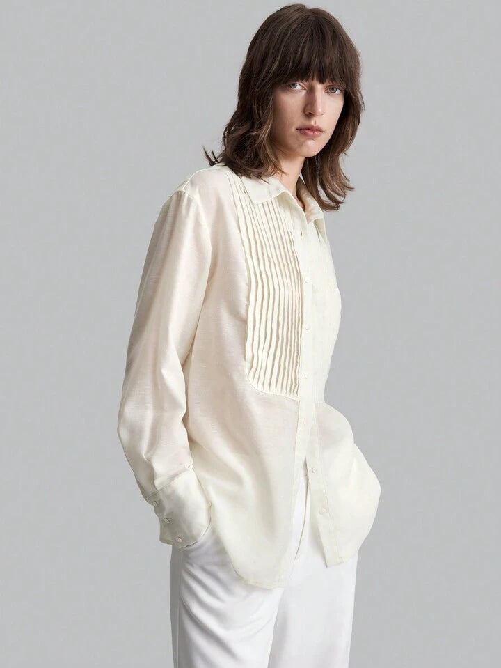 CM-TS444216 Women Casual Seoul Style Solid Pleated Detail Long Sleeve Blouse - White