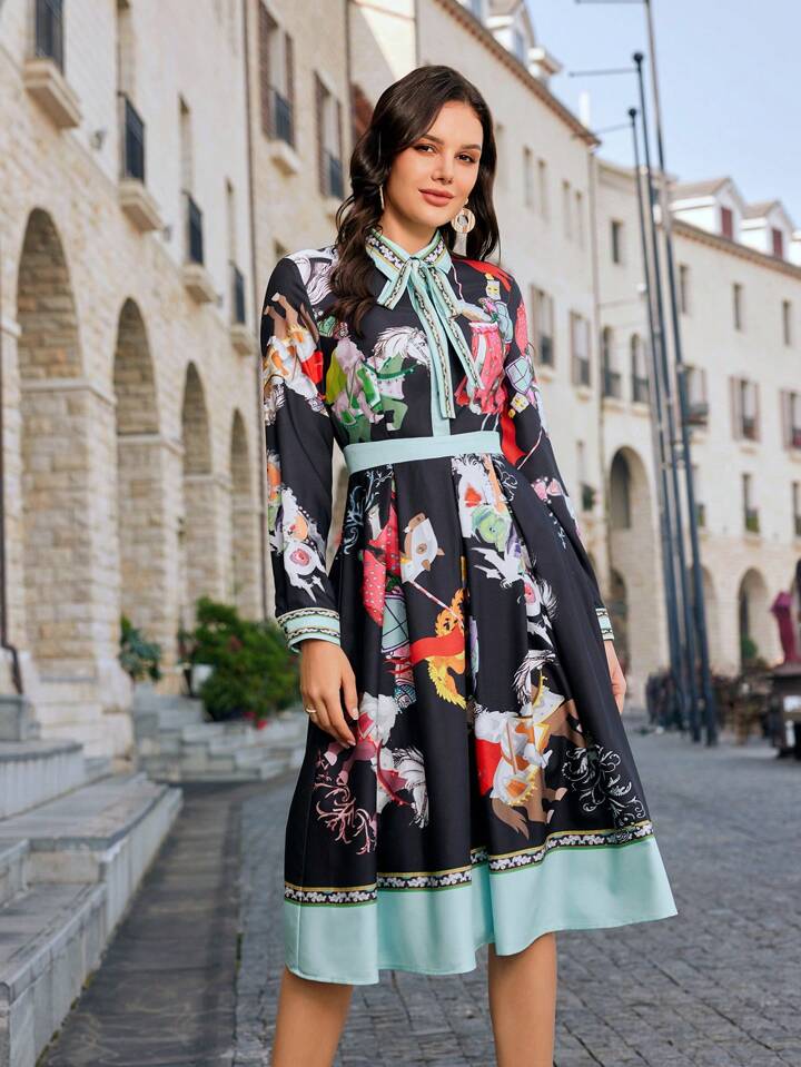 CM-DS914264 Women Elegant Seoul Style Tie Neck Floral Printed Long Sleeve Dress