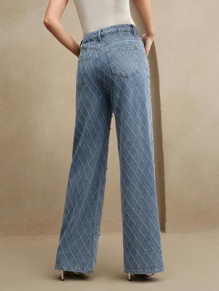 CM-BS388817 Women Elegant Seoul Style Mid Waist Beaded Embellished Straight Leg Jeans - Blue
