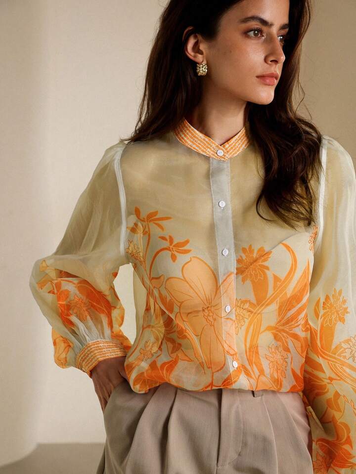 CM-TS329172 Women Elegant Seoul Style Flot=ral Print Sheer Mesh Long Sleeve Shirt - Orange