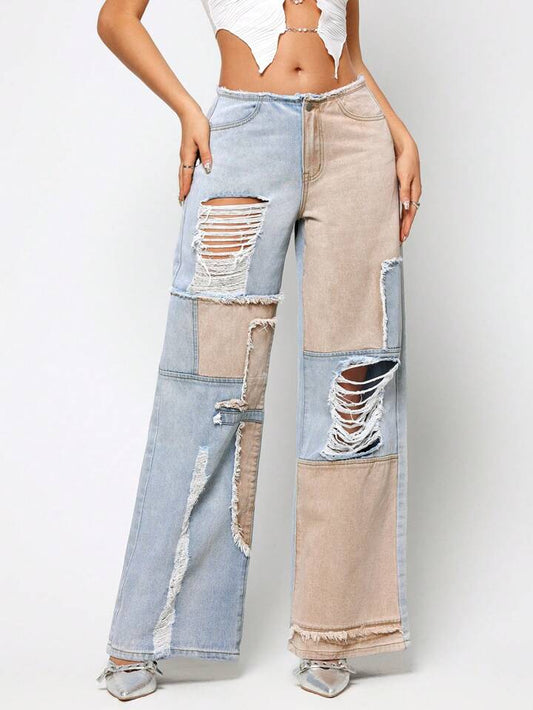 CM-BS352212 Women Casual Seoul Style Light Wash Colorblock Patchwork Ripped Loose Fit Jeans
