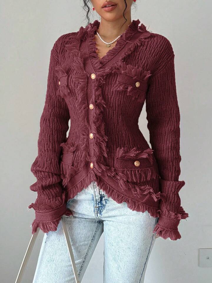 CM-CS772247 Women Casual Seoul Style Button Pockets Fringed Edges Long Sleeve Cardigan - Red Violet