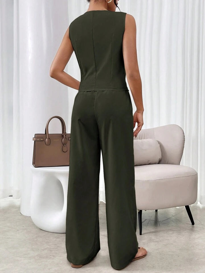 CM-SS138611 Women Casual Seoul Style V-Neck Sleeveless Single Breasted Suit Vest With Long Pants - Army Green