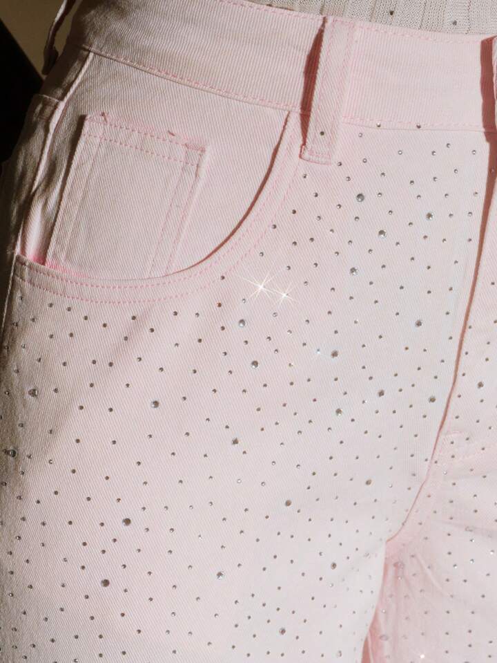 CM-BS570000 Women Casual Seoul Style Heavy Bling Decor Loose Wide Leg Jeans - Pink