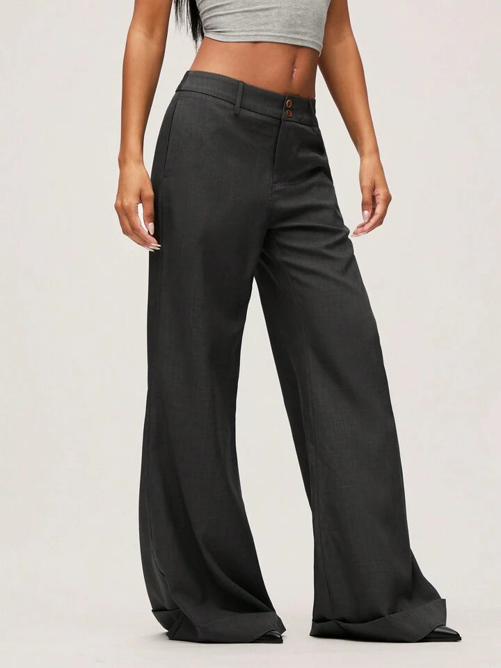 CM-BS936621 Women Casual Seoul Style Solid Color Low-Waist Wide-Leg Long Pants - Dark Gray