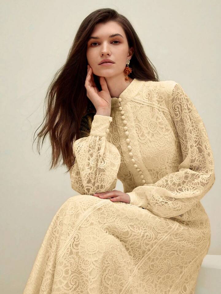 CM-DS007437 Women Elegant Seoul Style Lace Mandarin Collar Long Sleeve A-Line Dress - Apricot