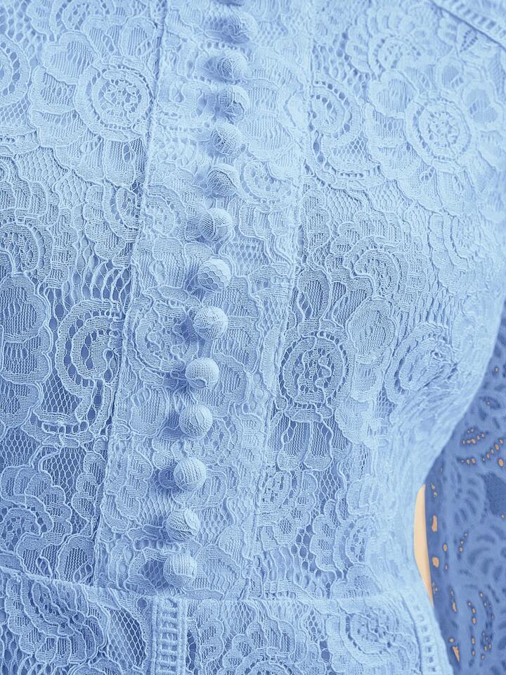 CM-DS730692 Women Elegant Seoul Style Lace Mandarin Collar Long Sleeve A-Line Dress - Baby Blue