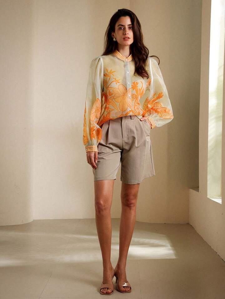 CM-TS329172 Women Elegant Seoul Style Flot=ral Print Sheer Mesh Long Sleeve Shirt - Orange