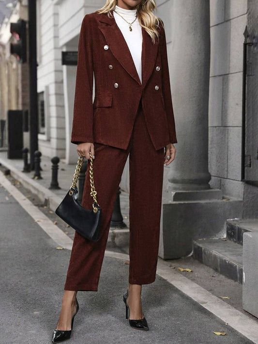 CM-SS784458 Women Elegant Seoul Style Double Breasted Fake Pocket Blazer With Pants Suit - Mocha Brown
