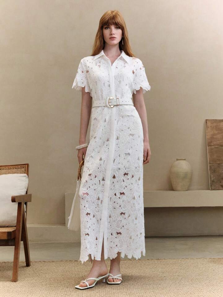 CM-DS577050 Women Trendy Bohemian Style Lace Hollow-Out Embroidered Floral Short Sleeve Open-Front Maxi Dress