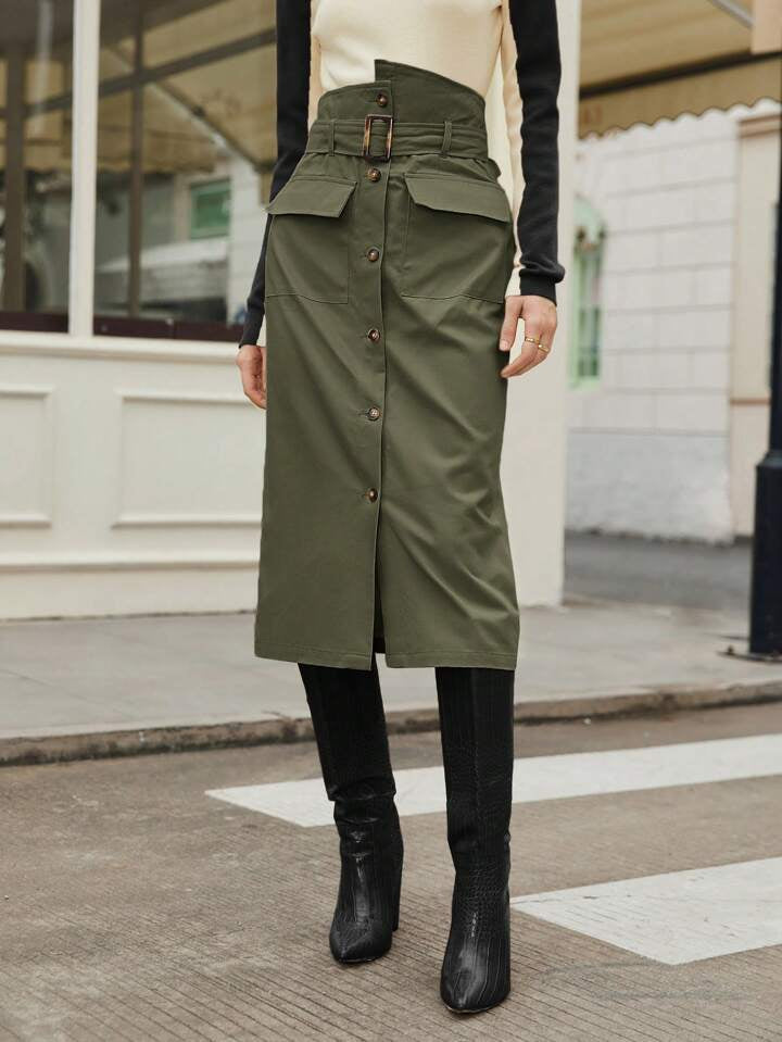 CM-BS042185 Women Casual Seoul Style Flap Pocket Button Front Belted Skirt - Army Green