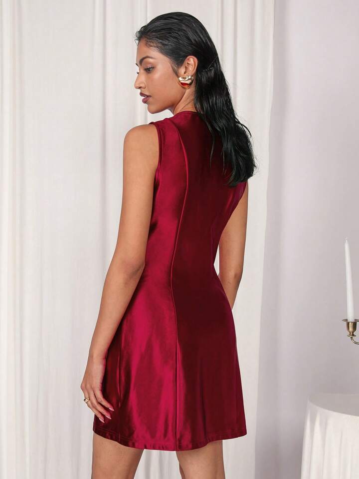 CM-DS558225 Women Elegant Seoul Style Solid Color Front Button Sleeveless Mini Dress - Burgundy