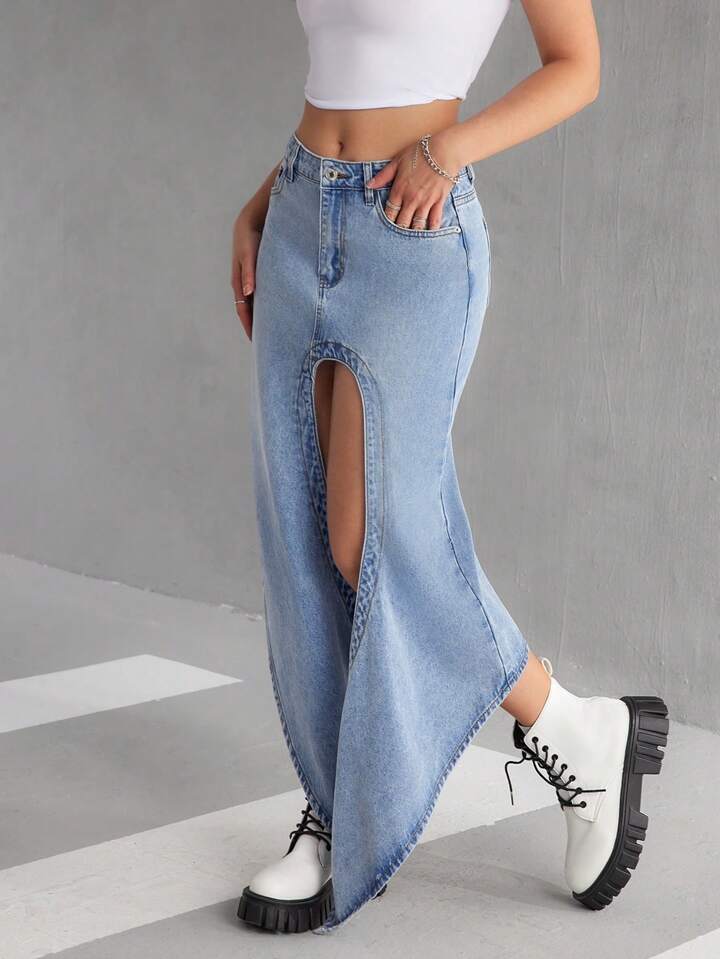 CM-BS541178 Women Casual Seoul Style Front Button Pocket Slit Denim A-Line Skirt - Blue