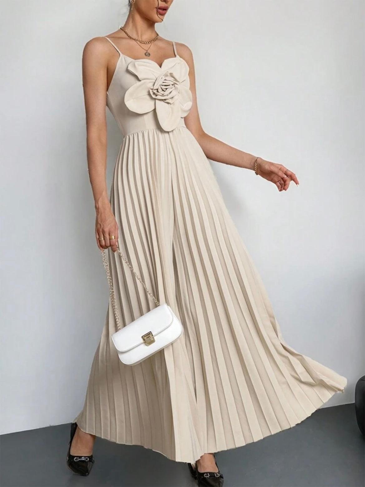 CM-JS204264 Women Elegant Seoul Style V-Neck Spaghetti Strap 3D Floral Wide Leg Jumpsuit