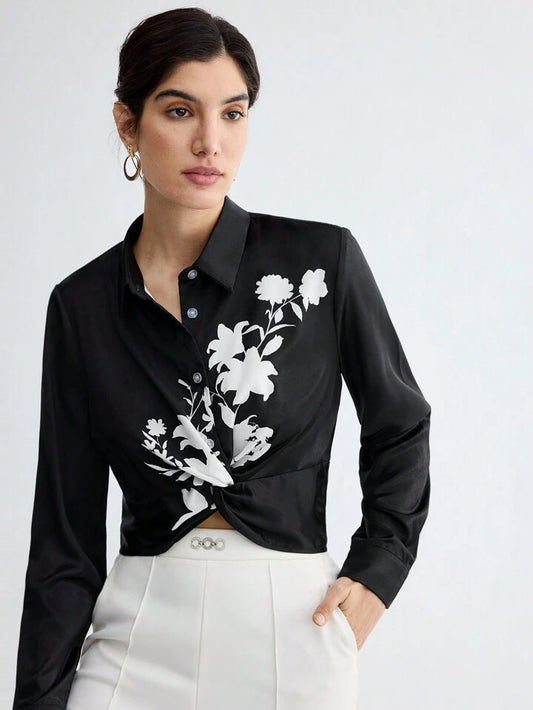 CM-TS676973 Women Elegant Seoul Style Plant Print Twist Front Hem Long Sleeve Shirt