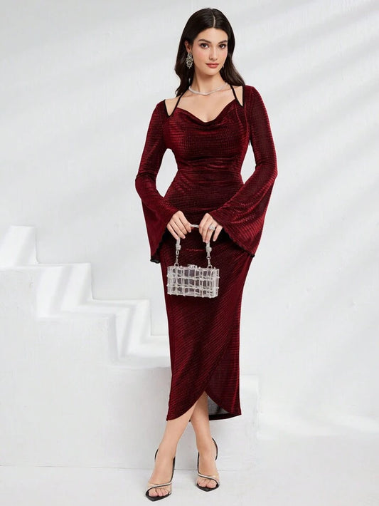 CM-DS336941 Women Elegant Seoul Style Wrap Draped Square Neck Bell Sleeve Dress - Burgundy