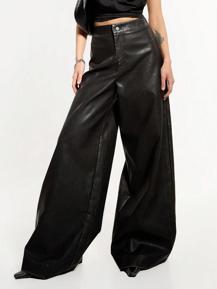 CM-BS959908 Women Elegant Seoul Style Solid Color High Waisted Extra Long Wide Leg Pants