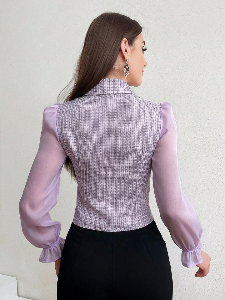 CM-TS721140 Women Elegant Seoul Style Patchwork Button Front Long Sleeve Shirt - Purple