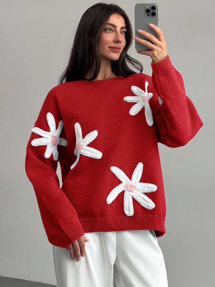 CM-CS900110 Women Casual Seoul Style 3D Floral Decoration Loose Fit Long Sleeve Sweater - Red