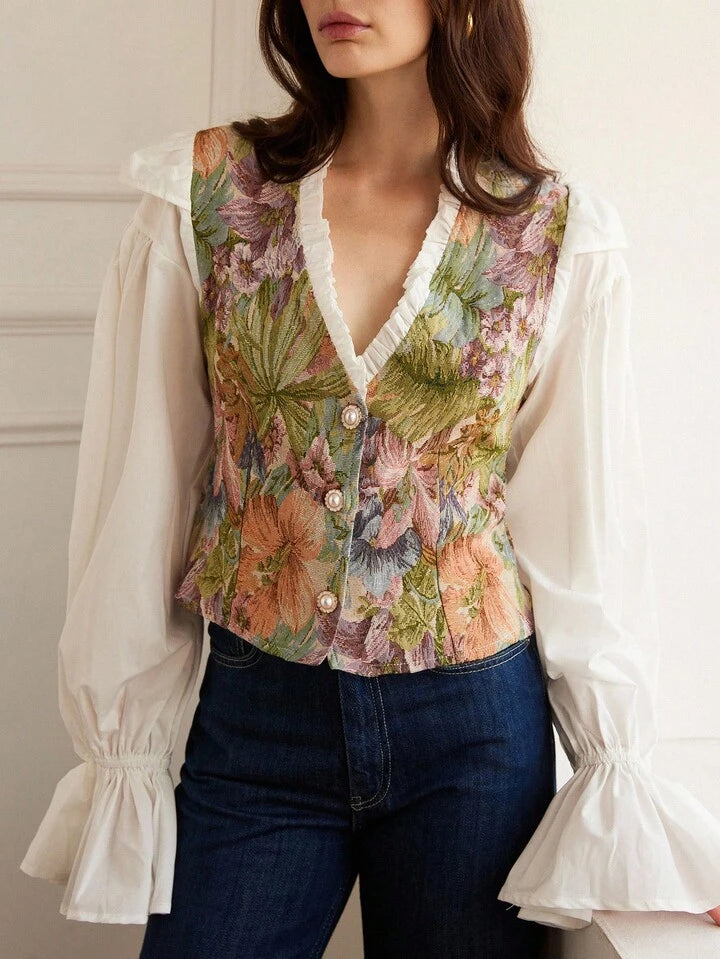 CM-TS413203 Women Casual Seoul Style Jacquard Patchwork Faux Tencel Contrast Collar Ruffle Bubble Long Sleeve Blouse