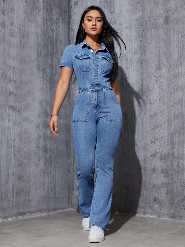 CM-JS187744 Women Casual Seoul Style Medium Wash Collar Neckline Button Fly Flared Legs Denim Jumpsuit