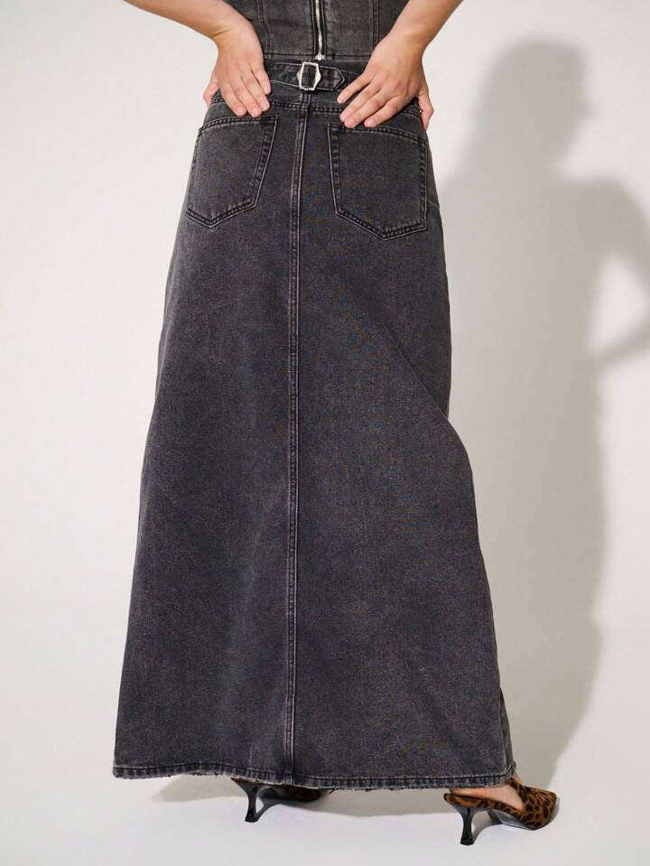 CM-BS352224 Women Casual Seoul Style Non-Stretch Drop Waist Slit Denim Maxi Skirt - Gray