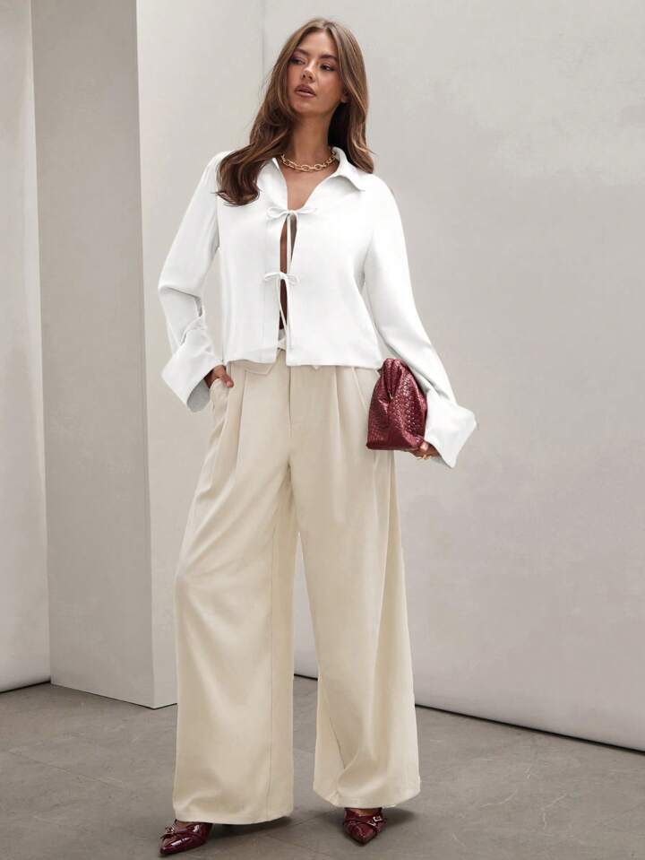 CM-TS833170 Women Trendy Bohemian Style Shirt Collar Front Tie Long Sleeve Shirt - White