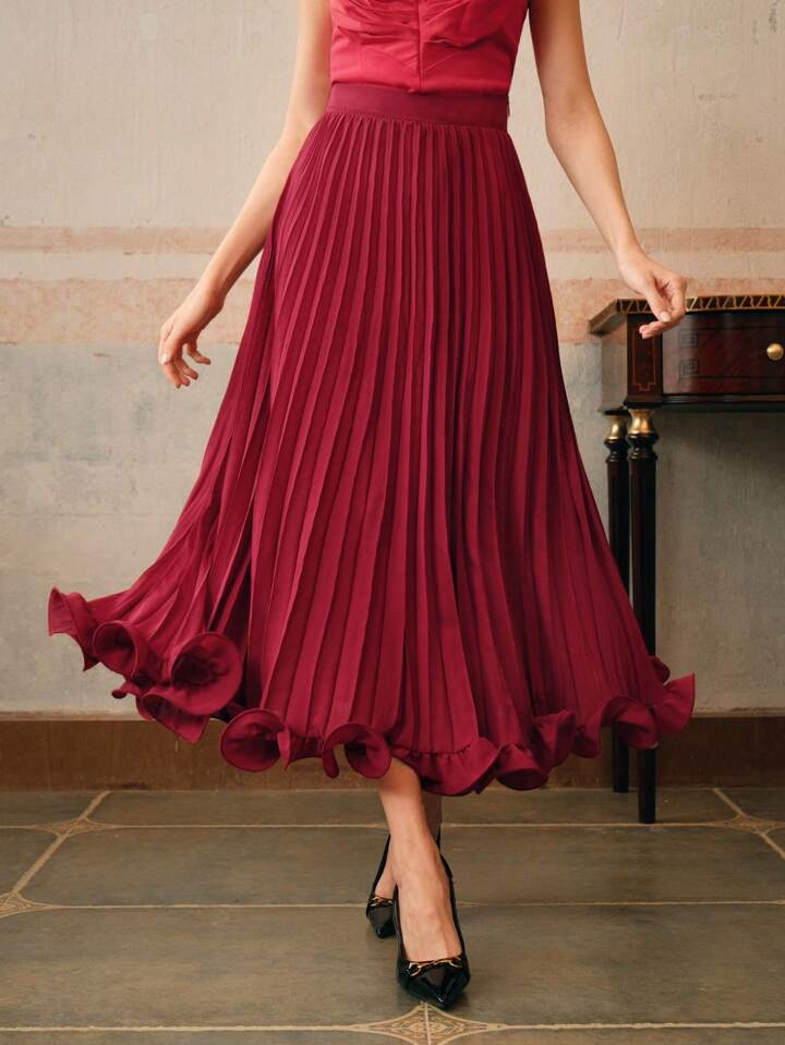 CM-BS696099 Women Elegant Seoul Style Pleated Woven Ruffle Hem Long Skirt - Burgundy