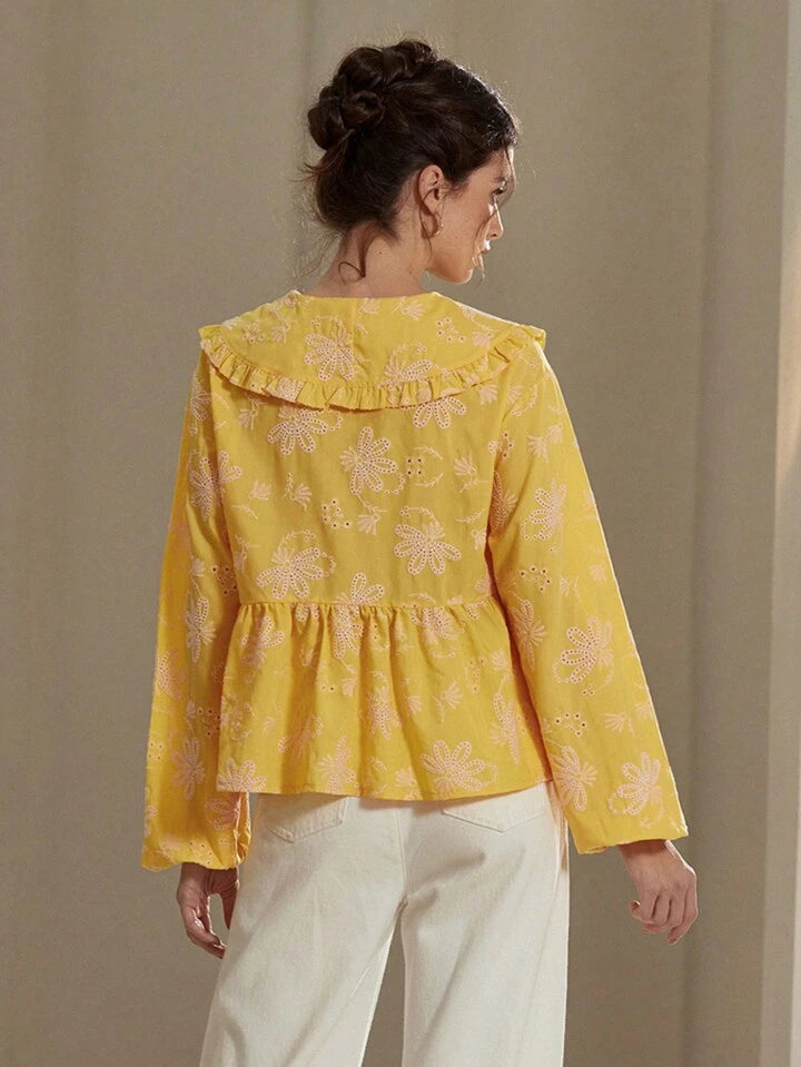 CM-TS711877 Women Casual Seoul Style Peter Pan Collar Tie-Up Bow Embroidered Long Sleeve Blouse