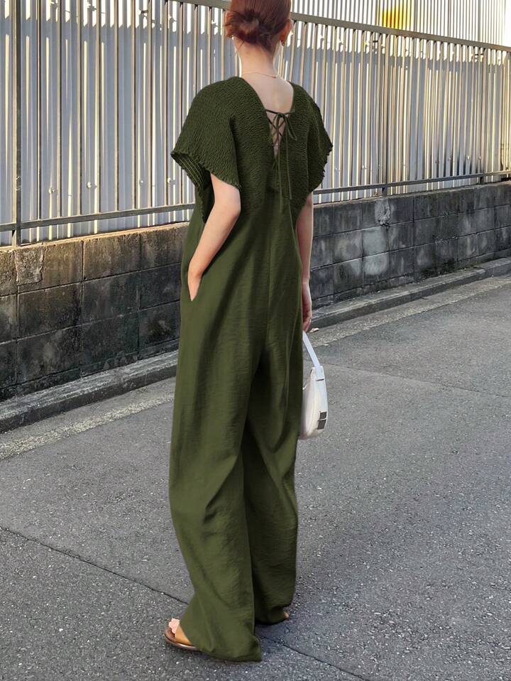 CM-JS652530 Women Trendy Bohemian Style V-Neck With Drawstring Jumpsuit Trousers - Green