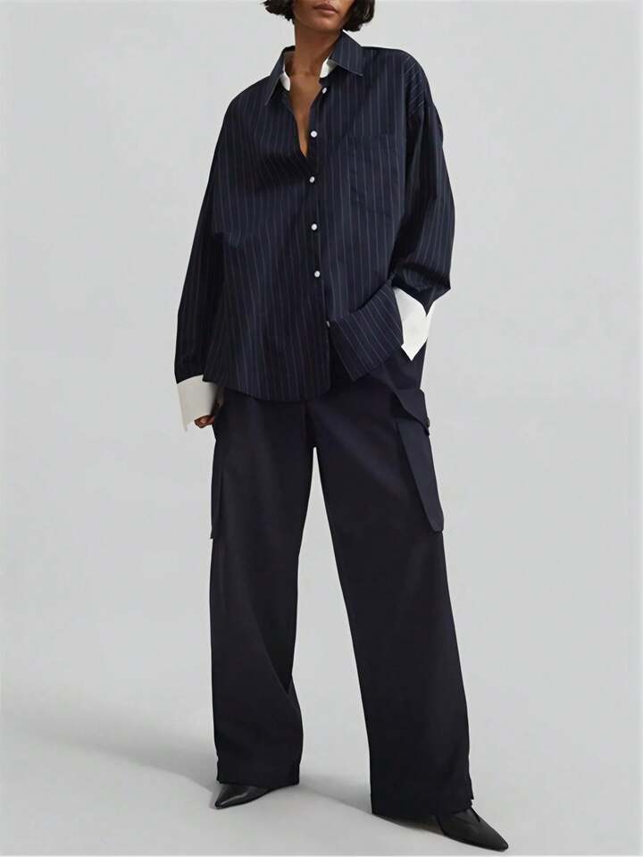 CM-TS867357 Women Elegant Seoul Style Shirt Collar Button Front Long Sleeve Striped Blouse - Navy Blue