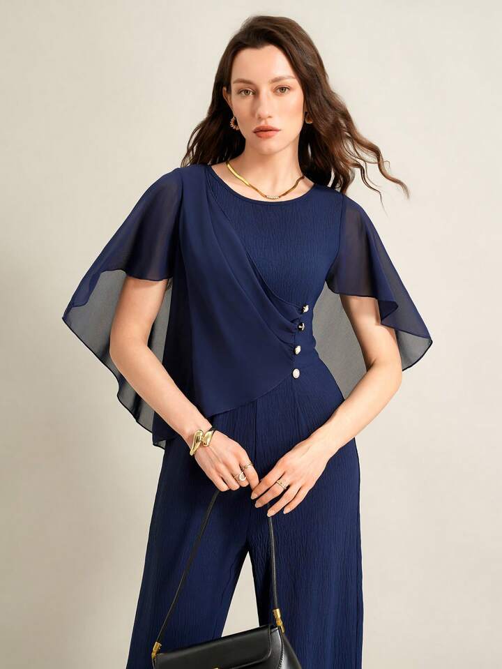 CM-JS259882 Women Elegant Seoul Style Round Neck Cloak Sleeve Chiffon Jumpsuit - Navy Blue