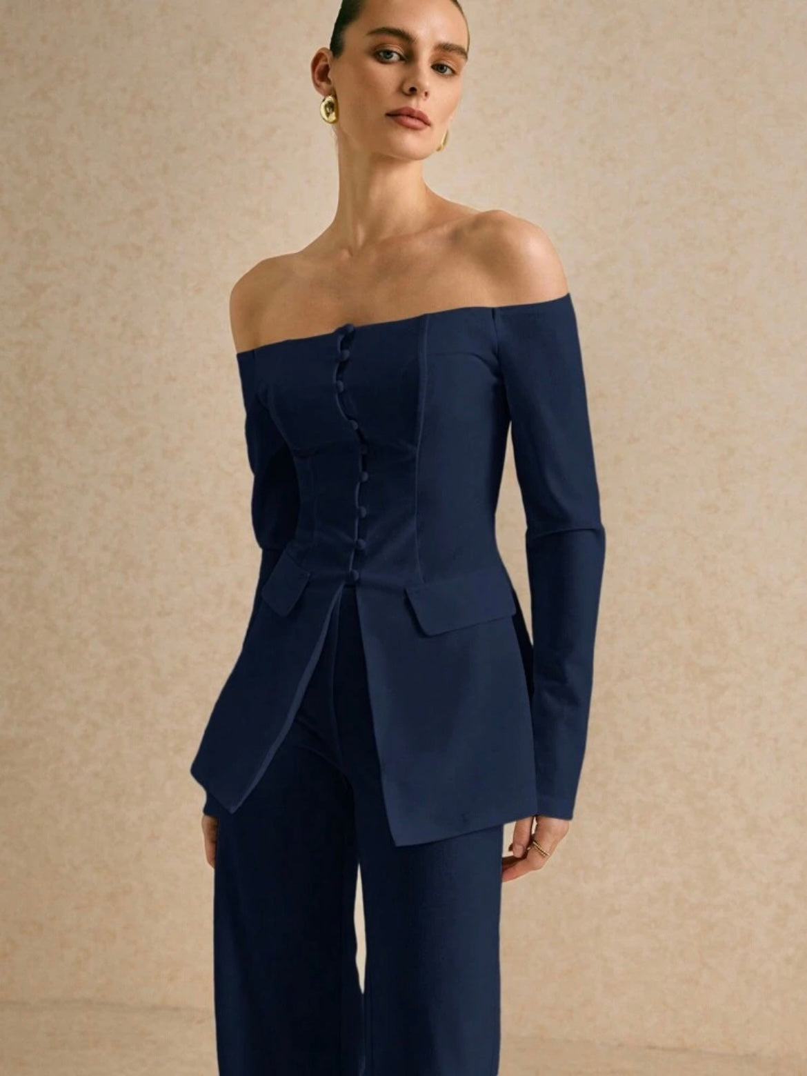 CM-SS319241 Women Elegant Seoul Style Solid Color Off Shoulder Long Sleeve Single Breasted Blazer With Pants - Set