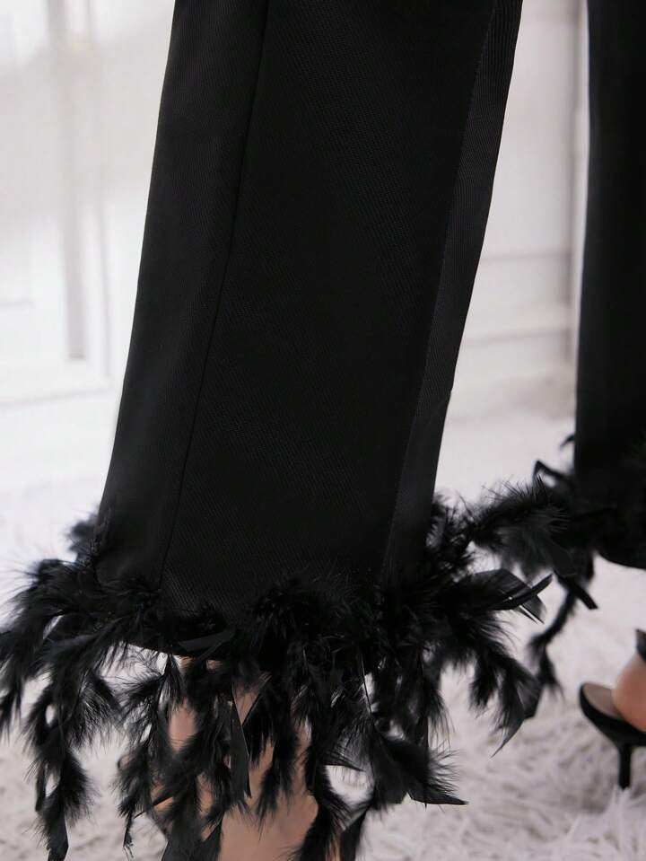 CM-BS368716 Women Elegant Seoul Style High Waist Feather Hem Flare Pants - Black