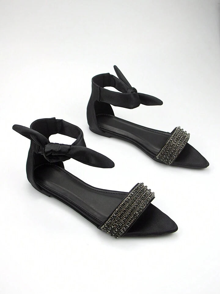 CM-SHS716115 Women Trendy Seoul Style Diamond Chain Decor Pointed Flat Sandals With Bowknot - Black