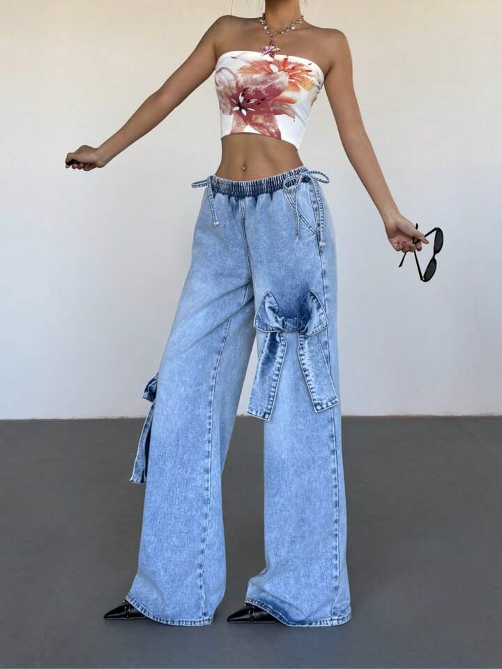 CM-BS959212 Women Casual Seoul Style Bow Decor Patch Pocket Wide Leg Denim Jeans - Blue