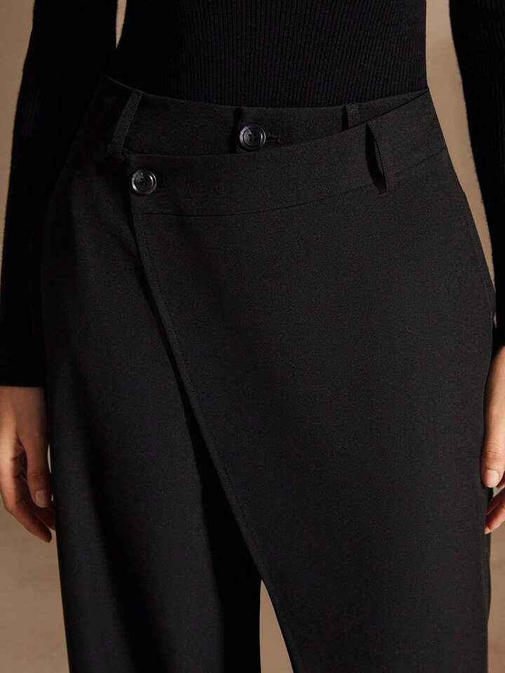 CM-BS635675 Women Elegant Seoul Style Asymmetrical Draping Cross-Wrap Pockets Straight-Leg Pants - Black