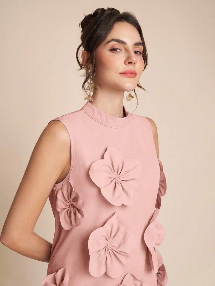 CM-SS304539 Women Elegant Seoul Style Stand Colllar Sleeveless 3D Floral Decor Top With Wide Leg Pants - Set