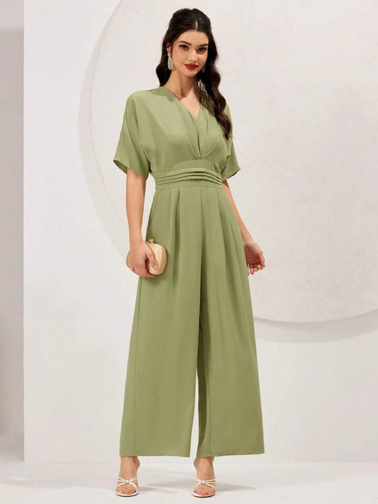 CM-JS376958 Women Casual Seoul Style V-Neck Batwing Short Sleeve Jumpsuit - Green