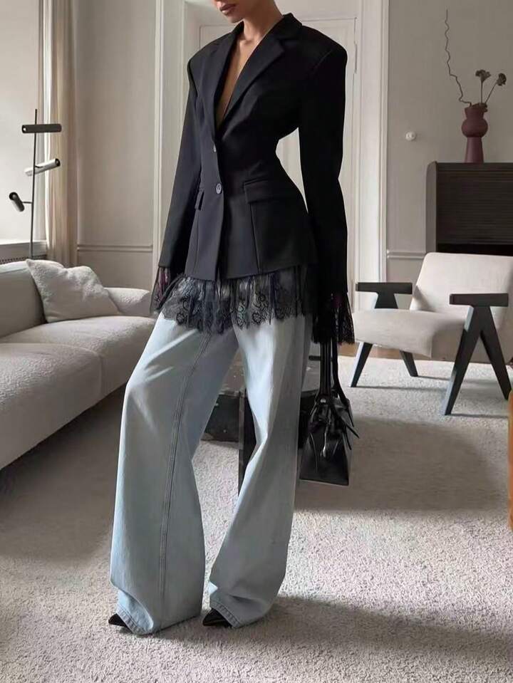 CM-CS055860 Women Elegant Seoul Style Solid Color Pocket Lace Patchwork Button Waist Blazer Jacket - Black