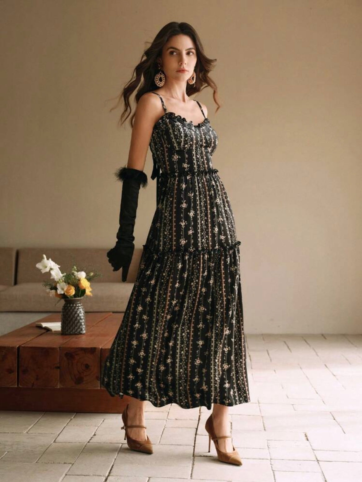 CM-DS071078 Women Elegant Seoul Style Sleeveless Floral Ruffled Hem A-Line Flannel Dress - Black