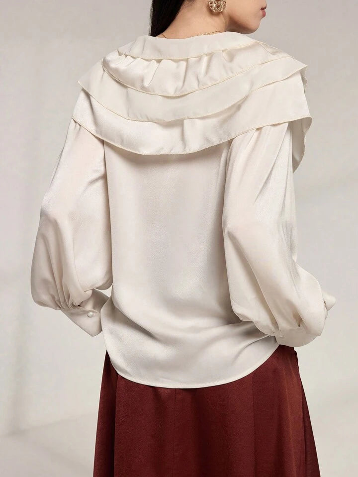 CM-TS880823 Women Elegant Seoul Style Flounce Collar Ruffle Trim Tied Chiffon Blouse - Apricot