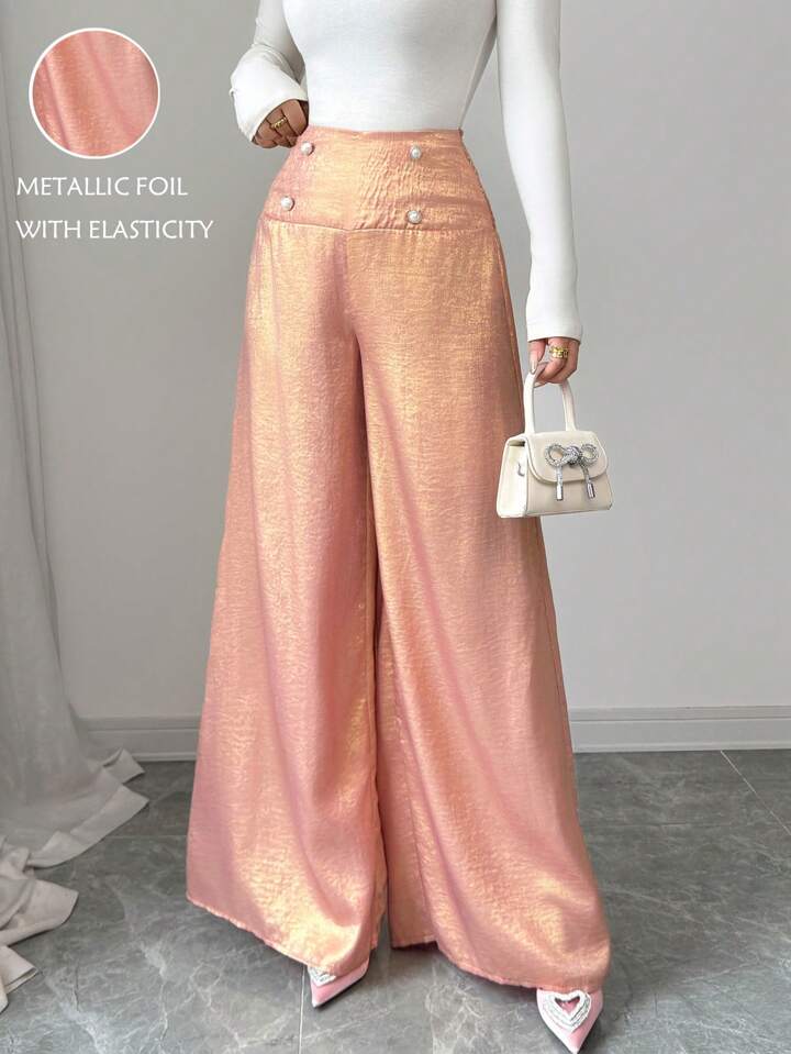 CM-BS665645 Women Elegant Seoul Style Ruffle Waist Loose Wide Leg Pants - Pink