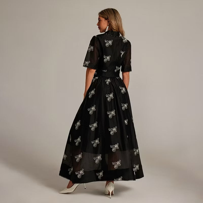 CM-SY035589 Women Elegant European Style Collar Neckline Half Sleeve Beads Decor Blouse With High Waist Long Skirt - Set