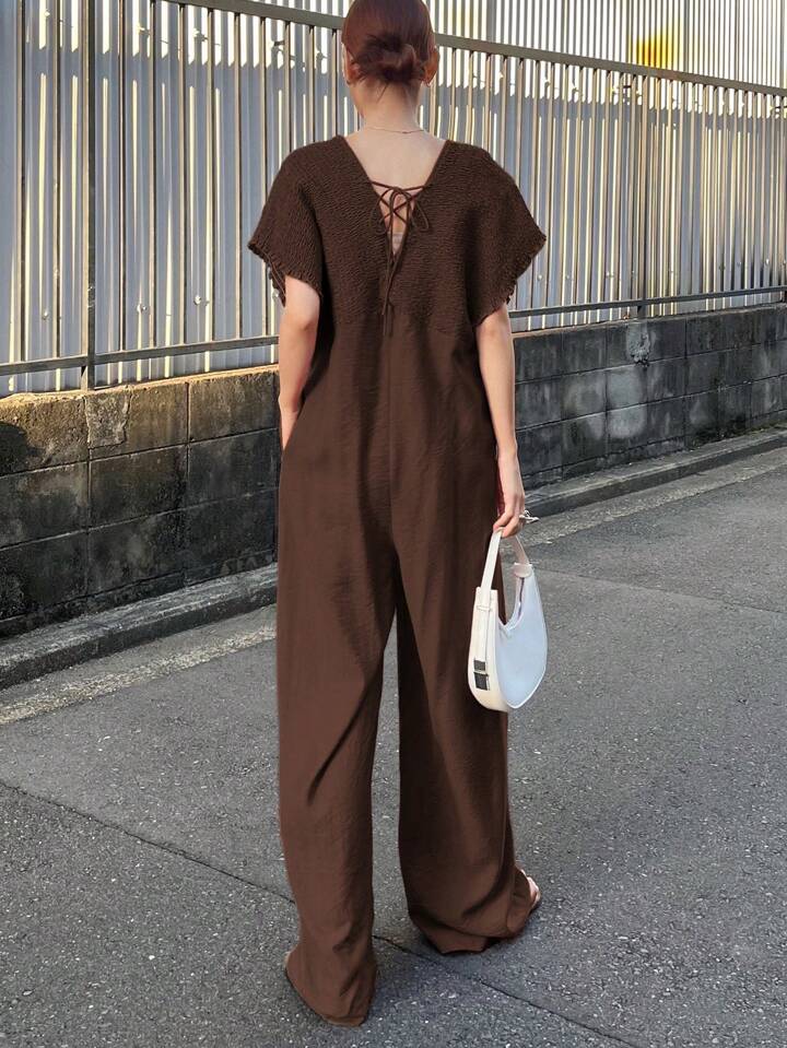 CM-JS662731 Women Trendy Bohemian Style V-Neck With Drawstring Jumpsuit Trousers - Brown