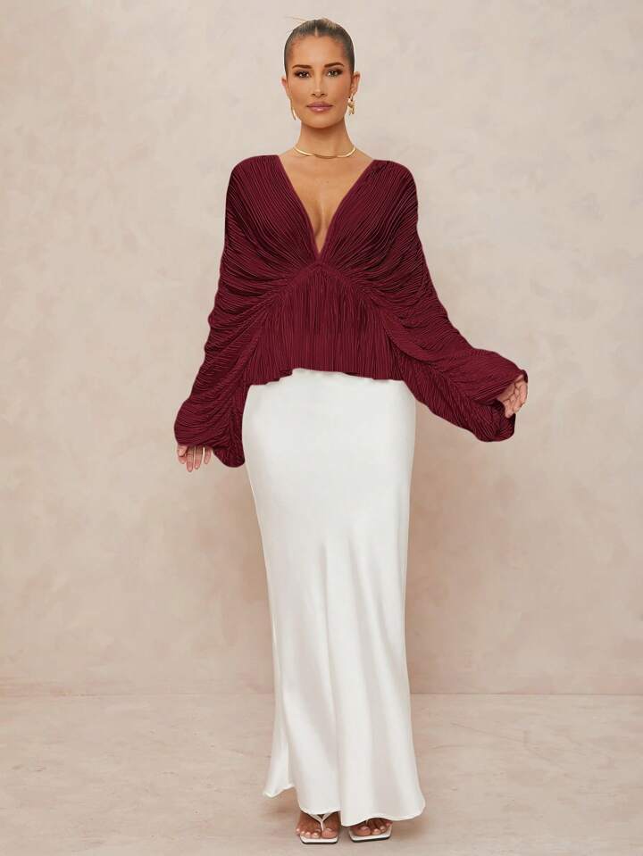 CM-TS272263 Women Elegant Seoul Style Deep V-Neck Long Sleeve Loose Fit Ruffled Hem  Oversized Blouse - Burgundy