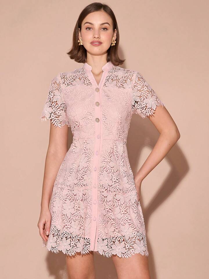 CM-DS155006 Women Elegant Seoul Style V-Neck Lace Short Sleeve Single-Breasted Mini Dress - Pink