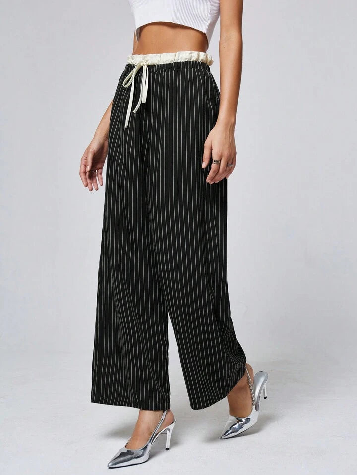 CM-BS112828 Women Casual Seoul Style Color Block Double Waist Wide Leg Striped Long Pants