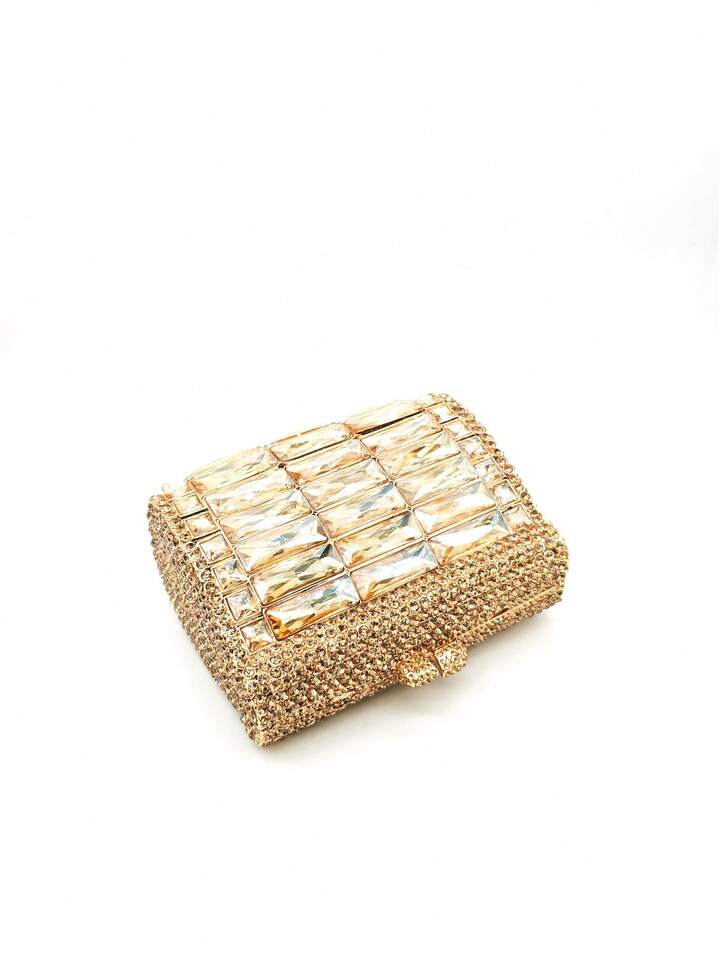 CM-BGS417135 Women Elegant Seoul Style Mini Square Gold Rhinestone Hollow Out Crystal Clutch Bag - Gold