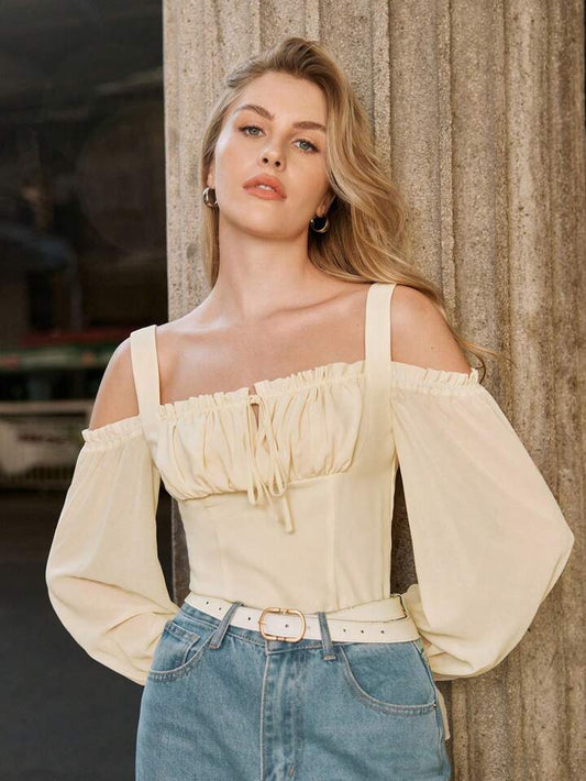 CM-TS221233 Women Elegant Seoul Style Tie Front Off-Shoulder Collared Shirt - Beige